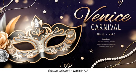 Venice carnival banner design with beautiful mask in 3d illustration, bokeh rhombus background