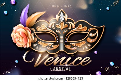 Venice carnival banner design with beautiful mask in 3d illustration, bokeh rhombus background