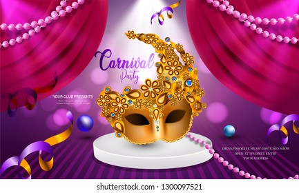 Venice carnival banner design with beautiful mask for mardi gras