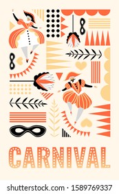 Venice Carnival banner or flyer  with funny characters in traditional  Italian costumes and masks, flower and decoration.  Vector illustration in cartoon style.
