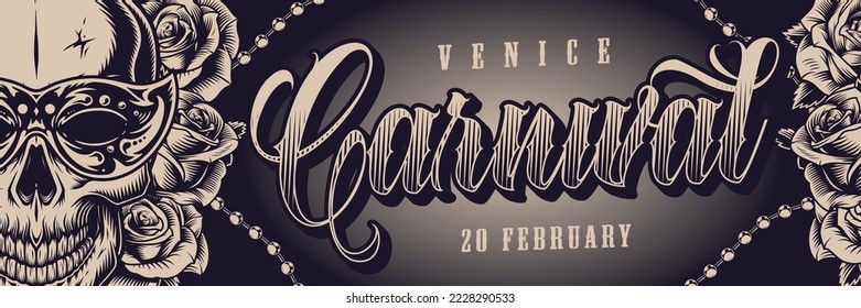 Venice Carnival banner vintage monochrome skull in elegant mask invites you to Italian festival or incognito party vector illustration