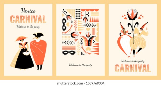 Venice Carnival banners or flyers  with funny characters in traditional  Italian costumes and headdresses.  Vector illustration in cartoon style.
