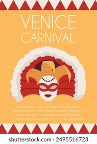 Venice Carnival. Beautiful red and yellow women's mask with feathers, richly decorated. Vertical banner, invitation with text. Festival-masquerade. Vector illustration on white background
