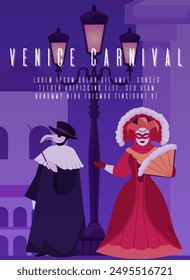 Celebración del Carnaval de Venecia. Ilustración vectorial con dos participantes enmascarados con elaborados disfraces. Uno lleva un traje de doctor de la peste, y el otro está vestido con un vibrante vestido rojo y blanco