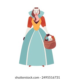 Venice carnival character. Cartoon beautiful young woman in medieval dress and cat mask, basket with kittens. Traditional Venetian masquerade costume. Vector flat illustration isolated on white