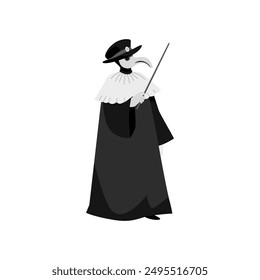 Venice carnival character. Cartoon man wearing costume of traditional medieval Plague Doctor. Masquerade with mask with beak, stick, black hat and long coat. Vector flat illustration isolated on white