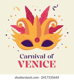 Venice carnival decorative background. Vector illustration with Venetian mask, text and decorative elements for posts, cards, covers, banners. 
