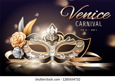 Venice carnival design with beautiful mask in 3d illustration, bokeh background