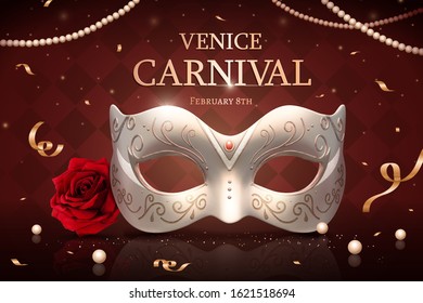 Venice carnival design with pearl white mask and streamers in 3d illustration