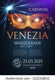 Venice Carnival Design Template with Gold Mask. Vector illustration