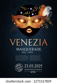 Venice Carnival Design Template with Gold Mask. Vector illustration