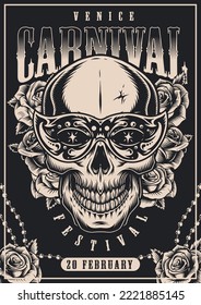 Venice carnival flyer vintage monochrome with skull in mask for festival in front flowers and beads for party vector illustration