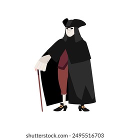 Venice Carnival. A man in a traditional ancient costume. Long cloak, black cocked hat, white Bauta mask and wooden cane. Italian festival. Vector illustration isolated on white background.