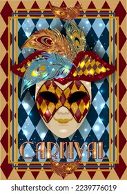 Venice carnival mask, congratulation banner in art deco style , vector illustration