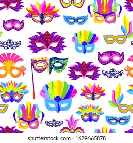 Venice carnival mask with feathers and beads cartoon seamless pattern, vector illustration. Mardi Gras festival and holiday colorful masks isolated on white backdrop.