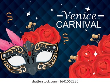 venice carnival and mask with flowers roses vector illustration design