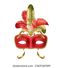 Máscara de carnaval de Venecia. Fiesta de Mascaradas. Cara Harlequin. Festival. Las plumas de oro. Decoración agradable. Desfile veneciano. Disfraz teatral 3D. Elemento de disfraz de rendimiento aislado del vector