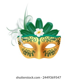 Venice carnival mask. Masquerade party. Harlequin face. Festival show. Feathers and flowers. Golden facial ornate decoration. Venetian parade. Vector theatrical performance costume realistic element