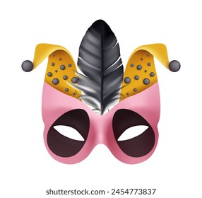 Venice carnival mask. Masquerade party. Harlequin face. Mardi Gras show. Joker festival costume with bell and feather. Venetian parade. Theatrical 3D decoration. Vector theater performance element