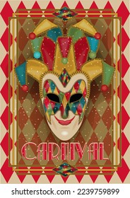 Venice carnival mask, vip congratulation card in art deco style , vector illustration	