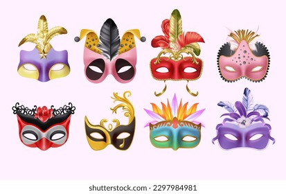 Venice carnival masks. Masquerade party. 3D performance costume. Realistic face for joker or ball. Theater or fashion show. Theatrical disguise. Venetian parade. Vector exact image set