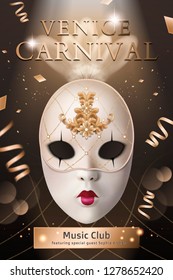 Venice Carnival mysterious poster with white mask and feather decoration in 3d illustration