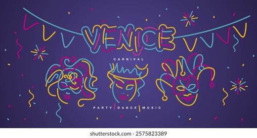 Venice Carnival new handwriten line design typography with festive elements. Masks flags ribbons sparkle firework confetti isolated on purple background