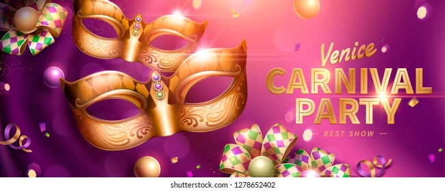 Venice Carnival party banner design with decorative mask and rhombus ribbons on purple curtain background in 3d illustration