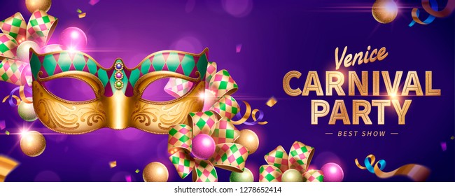 Venice Carnival party banner design with decorative mask and rhombus ribbons on purple background in 3d illustration