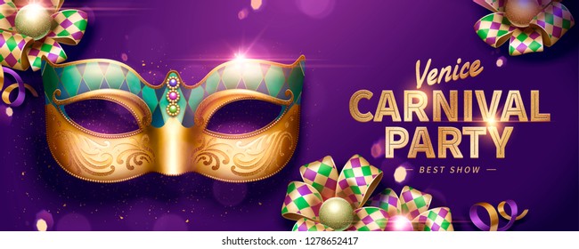 Venice Carnival party banner design with decorative mask and rhombus ribbons on purple background in 3d illustration