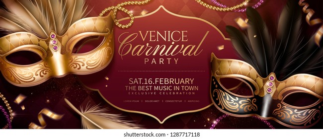 Venice Carnival party banner design with beautiful masks on rhombus burgundy red background in 3d illustration