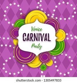 Venice Carnival Party banner with a Lettering, decorative floral elements, white beads and geometric Mardi Gras pattern. Festive amusement poster. Funfair flyer. Vector illustration