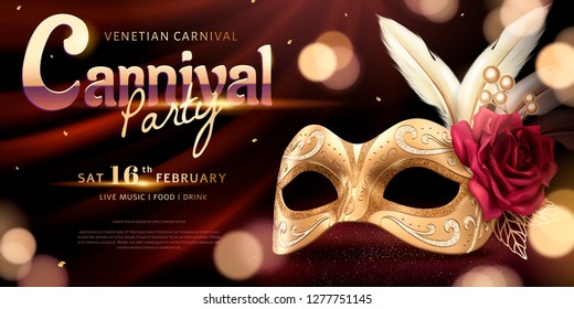 Venice Carnival party banner with luxury golden mask and feather on bokeh backgroundt, 3d illustration