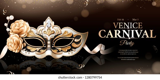 Venice carnival party banner with sumptuous mask on black bokeh background in 3d illustration