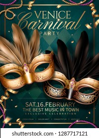 Venice Carnival party design with beautiful masks on rhombus green background in 3d illustration