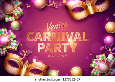 Venice Carnival party design with decorative mask and rhombus ribbons on purple background in 3d illustration