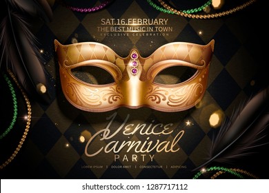 Venice carnival party design with golden mask in 3d illustration on rhombus black background