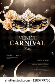 Venice carnival party poster with sumptuous mask on black bokeh background in 3d illustration