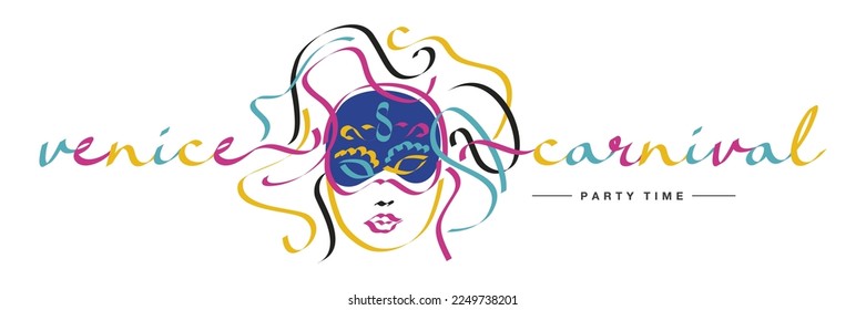 Venice Carnival party time banner design. Handwritten colorful ribbon shape text and mask illustration isolated on white background