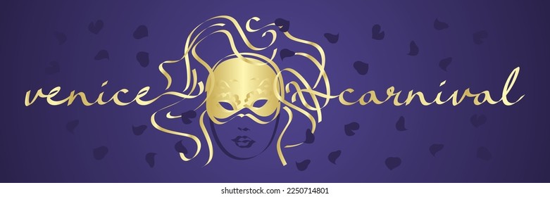 Venice Carnival party time banner design. Handwritten golden ribbon shape text and mask illustration on purple background with rose petals