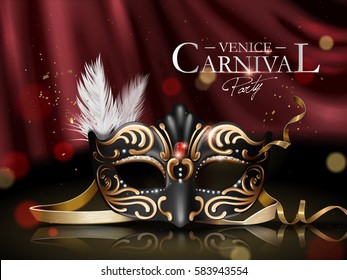 Venice carnival poster, black ornate mask with diamonds and golden frame elements isolated on bokeh scarlet curtain in 3d illustration