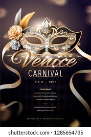 Venice carnival poster design with beautiful mask in 3d illustration, bokeh background