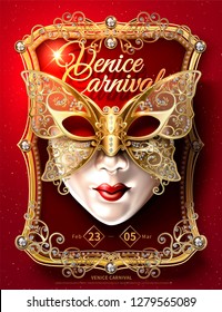 Venice Carnival poster design with butterfly facial mask and sumptuous golden frame in 3d illustration