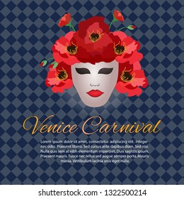 Venice carnival poster, golden mask with roses or poppies isolated on geometric background.