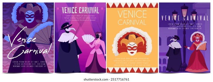 Carnaval de Venecia. Conjunto de Anuncios de Vertical con texto. Festival Italiano. Los hombres y las mujeres se visten con vestidos y trajes tradicionales antiguos, máscaras y abanicos. Ilustración vectorial.