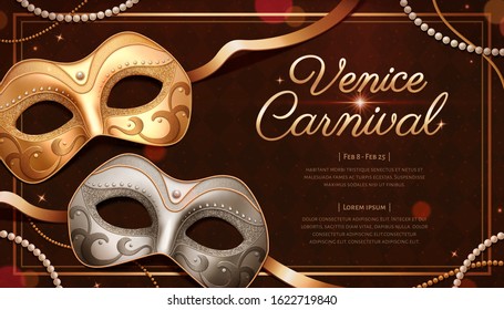 Venice carnival template design with silver and gold mask in 3d illustration