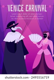 Ilustración vectorial del carnaval de Venecia. Personajes enmascarados elegantes en trajes venecianos tradicionales: un hombre con un traje de doctor de la peste y una mujer con un vestido rosa sosteniendo un abanico.