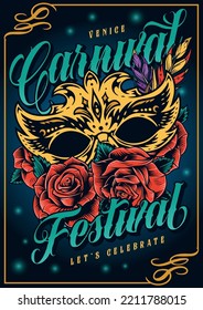 Venice carnival vintage poster colorful openwork mask for festive festival or spring holidays and scarlet rose buds vector illustration