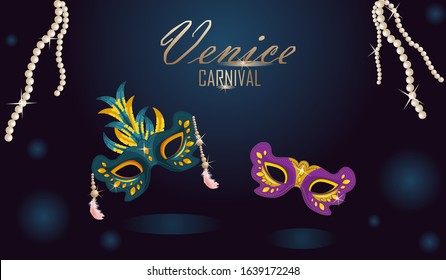 Venice Carnival/Venetian carnival masks with feather, pearl necklace.