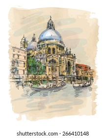 Venice - Cathedral of Santa Maria della Salute. Vector illustration. Eps10